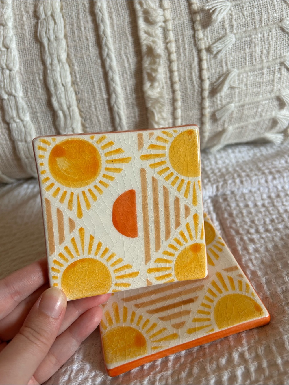 Anthropologie - Handmade Ceramic Sunburst Coaster Set in Yellow & Orange